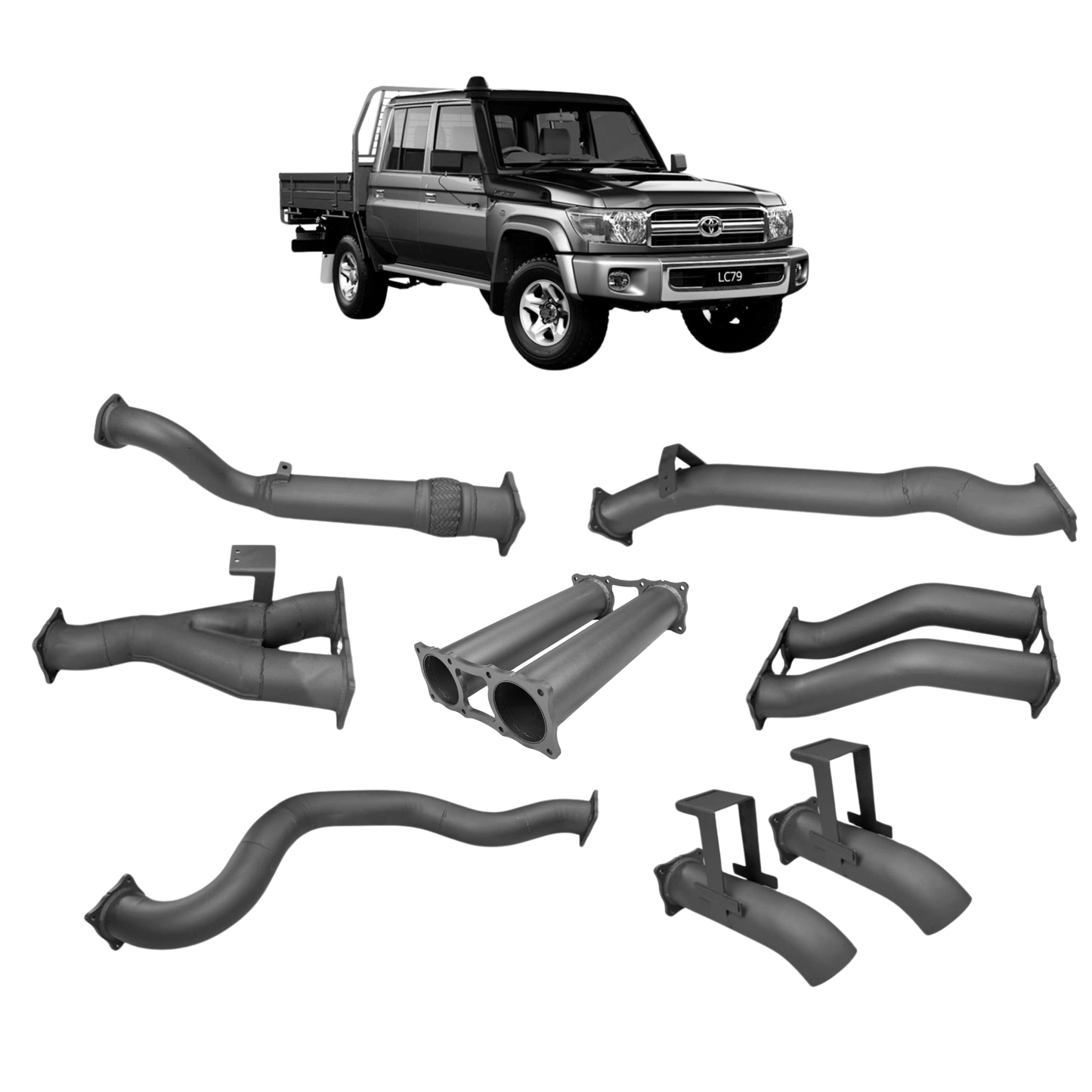70 Series Land Cruiser Extreme Duty Twin 4 Turbo Back Exhaust with Resonator - 79 Series Dual Cab